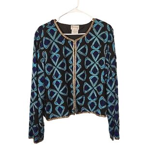 Vintage Stenay Black Turquoise Beaded Silk Jacket XL